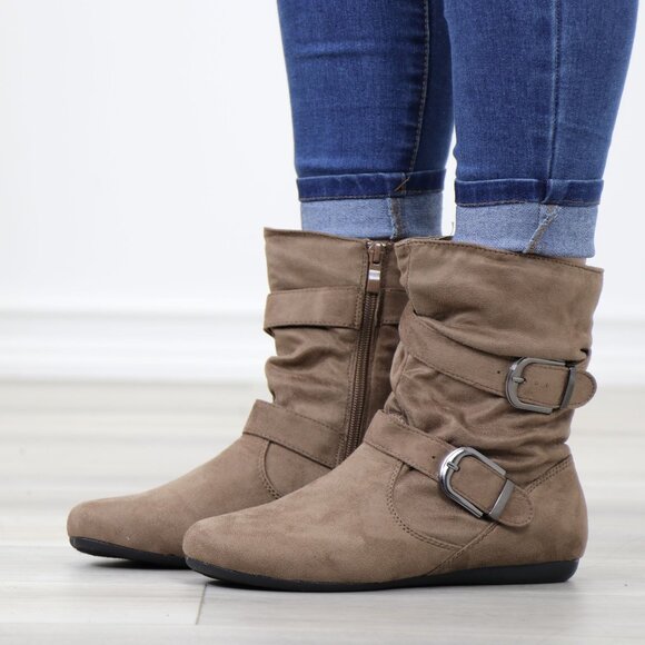 Taupe Faux Leather Slouch Ankle Boots Side Zipper Buckle Strap Flat Sole - Picture 11 of 12